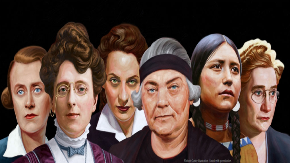 Bannière des femmes : De gauche à droite : Thérèse Casgrain, Lucy Maud Montgomery, Gabrielle Roy, Emily Carr, Saint Kateri, Agnes Macphail.