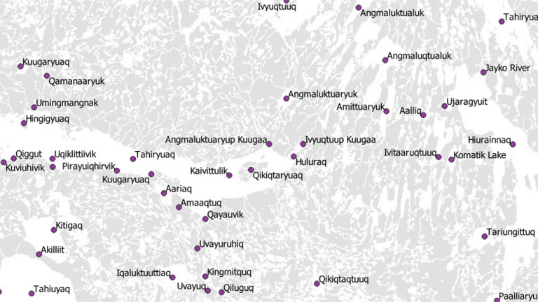 Carte grise simple des noms de lieux géographiques canadiens dans une partie du Nunavut.