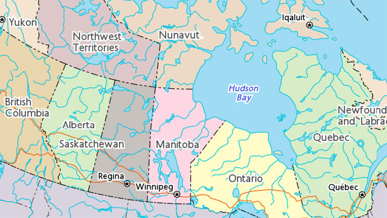 Partial map of Canada with provincial and territorial names and borders.
