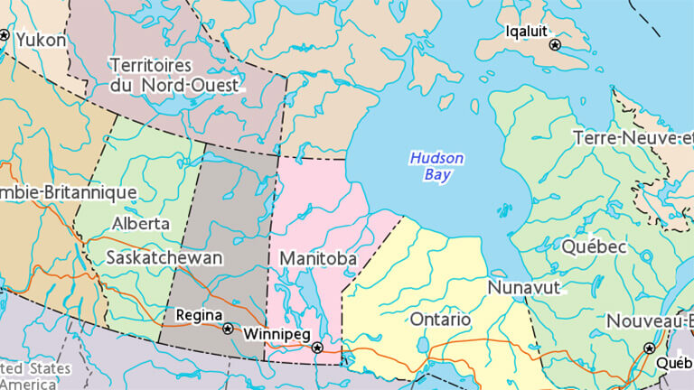 Carte partielle du Canada indiquant les frontières et les noms des provinces et territoires.