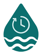 A teardrop icon with a clock icon and waves in its centre.