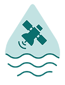 A teardrop icon with a satellite and waves in its centre.