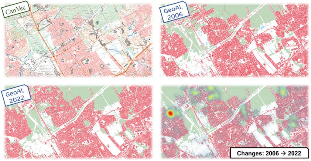Three maps showing features extracted at different points in time and then one map of areas of urban development between 2006 and 2022.