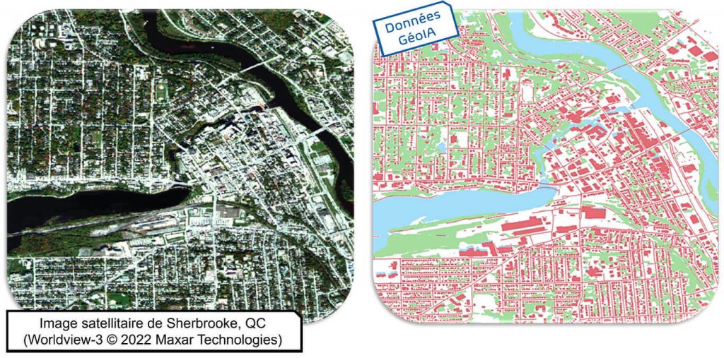 Comparaison de l'image satellite avec une carte montrant les données GéoIA, incluant les routes, les bâtiments et les plans d'eau.