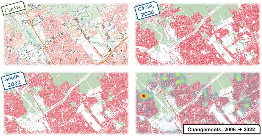 Trois cartes montrant CanVec en opposition aux données GéoIA extraites partir de données sources datant de 2006 et 2022, puis une carte des zones de développement urbain entre ces deux années produite grâce aux données GéoIA.