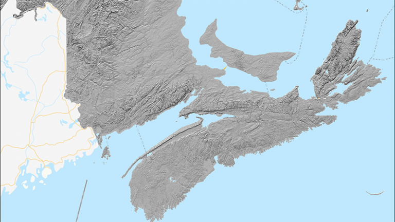 Carte de l’élévation de certaines parties de l'est du Canada, les terres étant représentées en relief en niveaux de gris et les masses d'eau en bleu clair