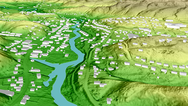 Three-dimensional topographic map showing a river valley with hills, mountains and buildings