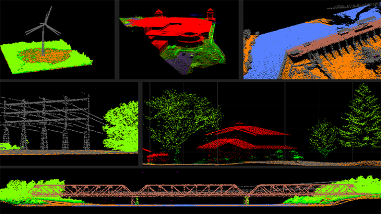 Composite image displaying several colorful LiDAR point cloud models