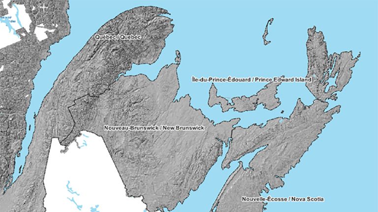Map showing the High Resolution Digital Elevation Model extent over Atlantic Canada.