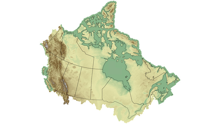 Map of Canada of the Medium Resolution Digital Elevation model coloured relief.