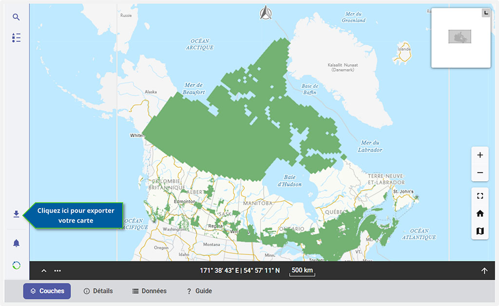 Capture d’écran de la zone d’affichage de carte dans le visualiseur montrant les options de menu à gauche de la carte. Une flèche bleue indiquant « Cliquez ici pour exporter votre carte » pointe le bouton à gauche de la carte sur lequel il faut cliquer pour accéder aux options d’exportation de la carte.