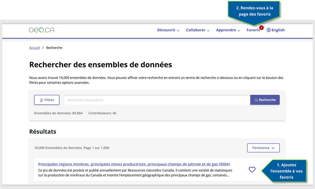 Capture d’écran de la page des résultats de recherche montrant les étapes 1 et 2. Une flèche bleue indiquant « 1. Ajoutez l’ensemble à vos favoris » pointe un bouton en forme de cœur situé à côté d’un élément de la liste des résultats. Une flèche bleue indiquant « 2. Rendez-vous à la page des favoris » pointe l’emplacement du lien vers la page « Favoris » dans le menu de navigation supérieur.
