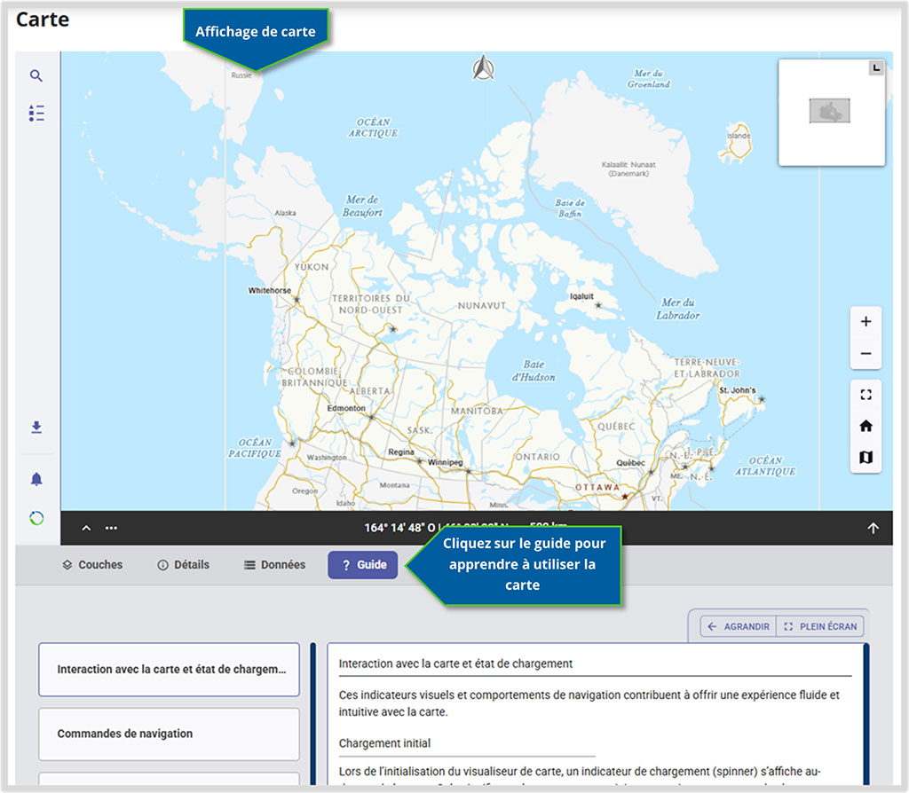 Capture d’écran de la carte sur la page de dossier d’un ensemble de données. Une flèche bleue indiquant « Affichage de carte » pointe la zone du visualiseur où se trouve la carte de base du Canada. Une flèche bleue indiquant « Cliquez sur le guide pour apprendre à utiliser la carte » pointe le bouton « Guide » situé sous l’affichage de carte, qui donne accès à de l’information utile, notamment « Interaction avec la carte et état de chargement » et « Commandes de navigation ».