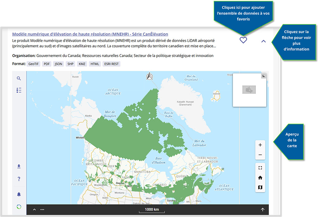 Capture d’écran de la première partie de la page de dossier d’un ensemble de données montrant où trouver certains renseignements. Une flèche bleue indiquant « Description complète de l’ensemble de données » pointe le texte de description générale situé sous le titre de l’ensemble de données. Une flèche bleue indiquant « Ajoutez le dossier à vos favoris » pointe le bouton « Ajouter aux favoris » situé sous la description. Une flèche bleue indiquant « Métadonnées clés » pointe la section des métadonnées située sous la description, qui comprend les renseignements « Date créée », « Date publiée », « Couverture temporelle », « Accès dans les 30 derniers jours » et « Accès à tout moment ».