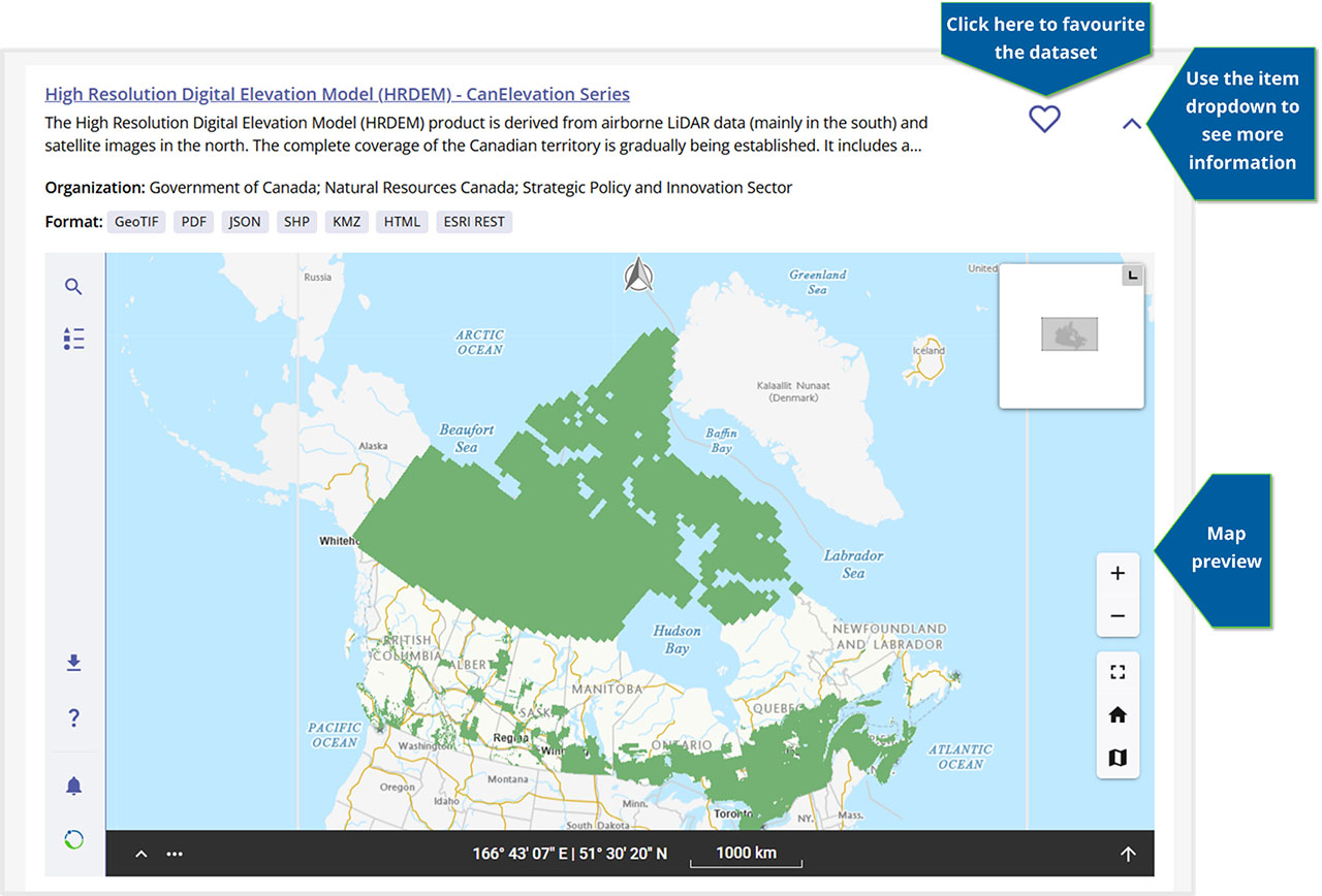 A screenshot of an item, the High Resolution Digital Elevation Model (HRDEM) - CanElevation Series, on the search results page showing features of the result preview. A blue arrow labelled "Use the item dropdown to see more information" points to the arrow icon button to click to open the result preview. A blue arrow labelled "Click here to favourites the dataset" points to the heart icon button to the right of the item. A blue arrow labelled "Map preview" points to the interactive map in the result preview showing the HRDEM coverage across Canada as green polygons.