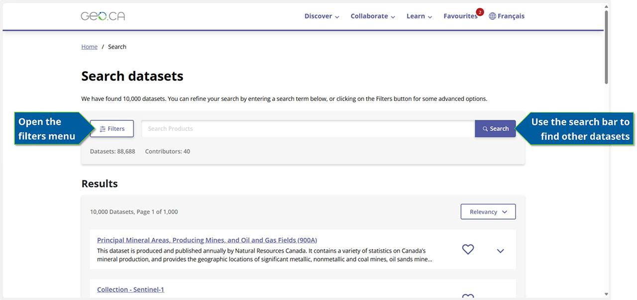 A screenshot of the search results page showing where to search for datasets. A blue arrow labelled "Use the search bar to find other datasets" indicates the location of the search button next to the search text box. A blue arrow labelled "Open the filters menu" points to the button to click for accessing filters.